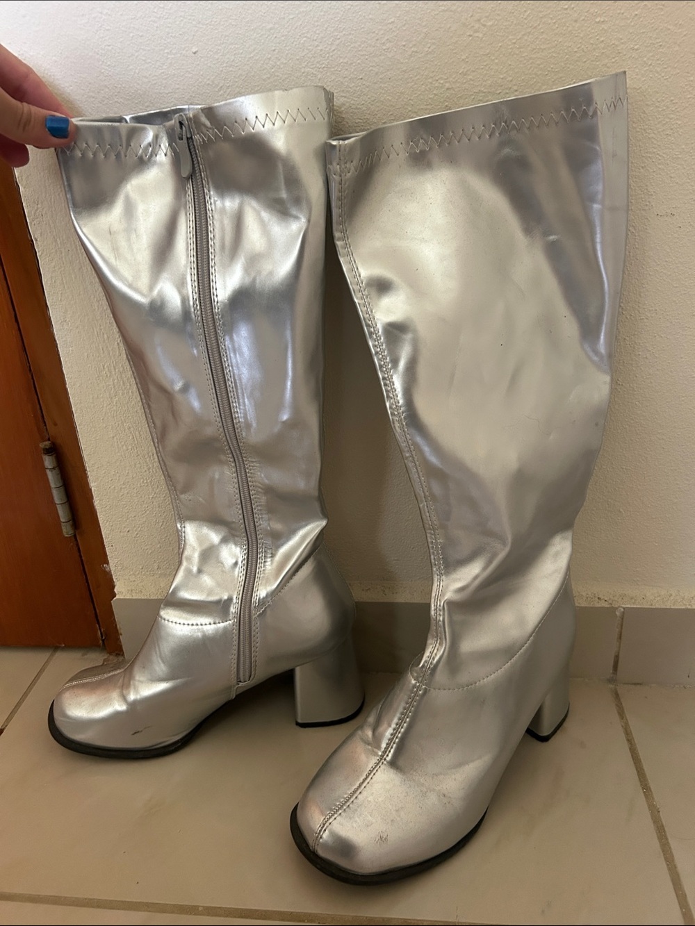 Yandy Metallic Silver Over-the-Knee Block Heel Boots